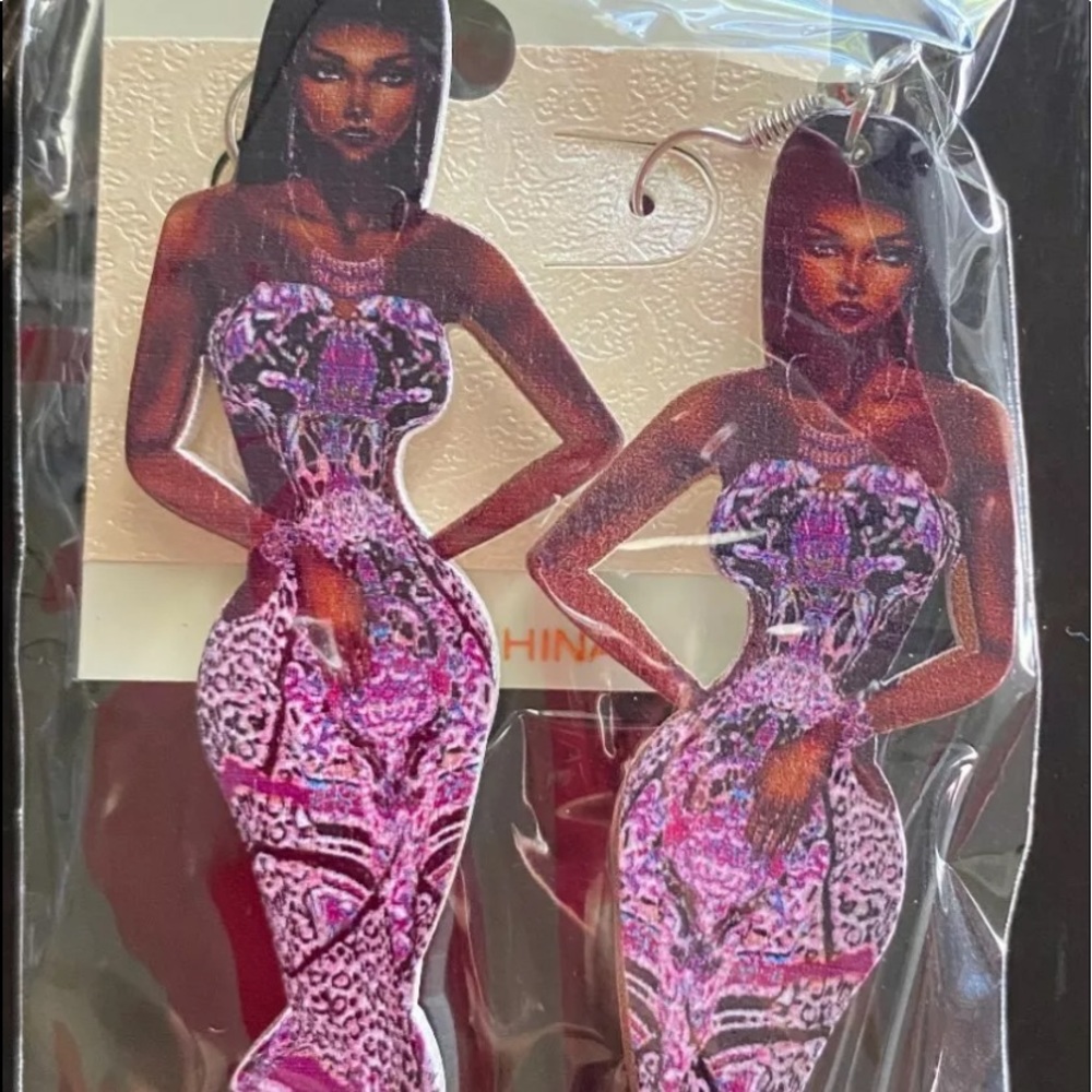 African American Black Woman Wooden Earrings